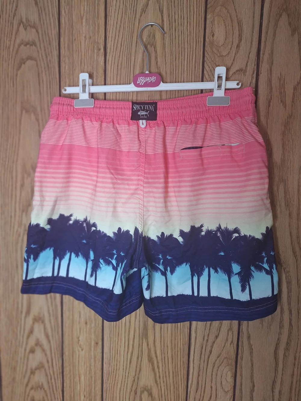 Men's Gradient Pink to Blue Palm-Print Swim Trunks Size Large
